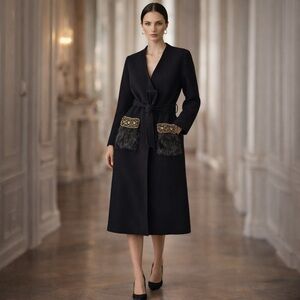 Women's 100% Australian Wool Black Overcoat Embroidered Raccoon Dog Fur Pocket S